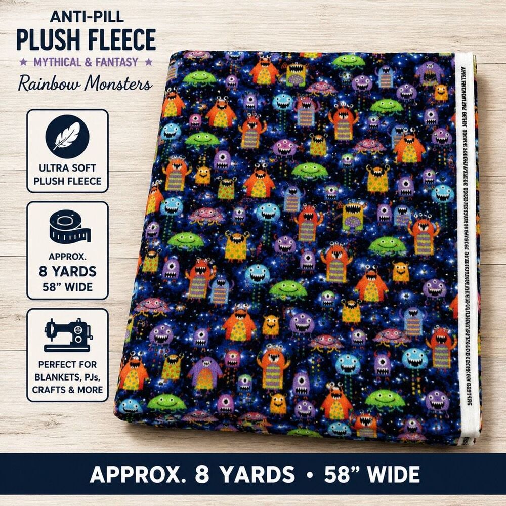 JoAnn Rainbow Monsters Anti-Pill Plush Fleece Fabric Black BYDS2006-3368 BTY 59”